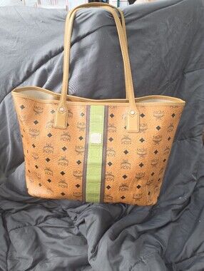 MCM Cognac Visetos Limited Edition Liz Tote with Lime Center Stripe - EUC